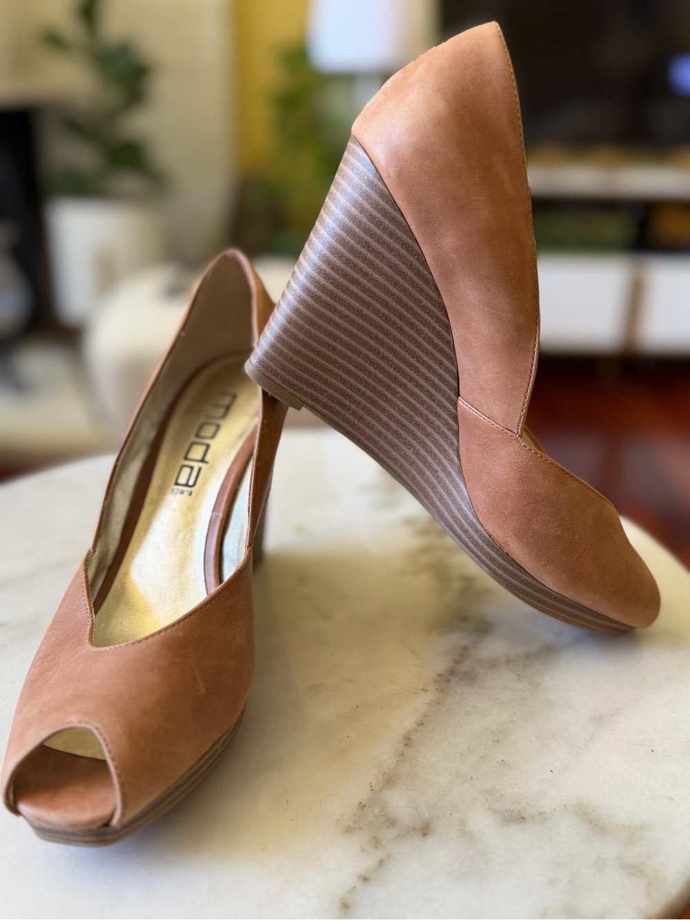 Moda Spana Camel Colored Peep-Toe Wedge Heels